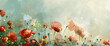 A banner with bright red poppy flowers, a poster for Memorial Day, Memorial Day, Anzac Day. A place for the text. Bright red and white poppies with dark leaves