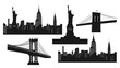 New York City Famous Places on Transparent Background Set. Skyline Silhouette, Statue of Liberty, Brooklyn Bridge, Manhattan Bridge. Silhouette vector illustration