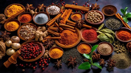 Wall Mural - Spices. Photo of fresh herbs. Assortment of fresh and dried seasonings and herbs on a marble background.