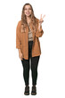 © Asier - Studio portrait of a blonde Caucasian woman joyful and carefree showing a peace symbol with fingers.