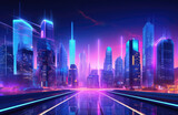 Fototapeta Konie - Neon Night City, Blue Synth Wave City-Line, Solid Violet Gradient Background, Copy Space, Banner