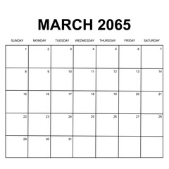 march 2065. monthly calendar design. week starts on sunday. printable, simple, and clean vector design isolated on white background.