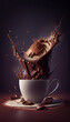 Abstract splash of brown milk chocolate in a cup, splitting hot cocoa drink isolated on dark background. Generative AI
