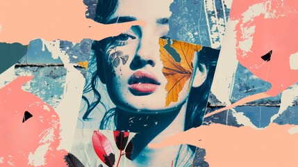 An attractive modern collage grunge banner with girl announcing crazy promotions. Doodle elements on a retro poster. A stylish and modern advertising poster design with room for text.