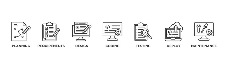Software development life cycle banner web icon vector illustration concept of sdlc with icon of planning, requirements, design, coding, testing, deploy and maintenance