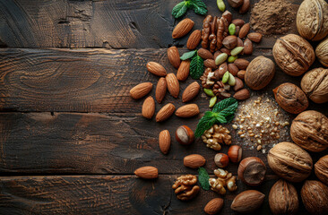 Different types of nuts on brown wooden background