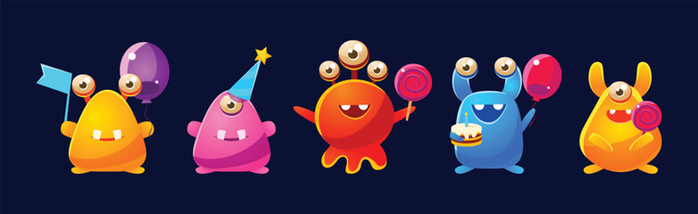 Wall Mural - Funny Monster Celebrate Birthday Holiday Vector Set