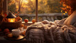Seasonal autumn flat lay cosy composition, candles and warm bed still life composition, delicious coffee. Generative AI