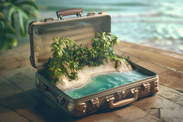 Open suitcase with tropical beach inside. Travel, holiday, vacation concept