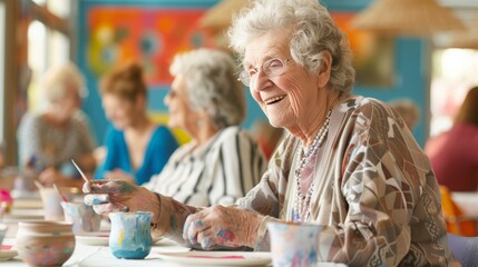 Elderly individuals engaging in art and craft activities, such as painting or pottery,	