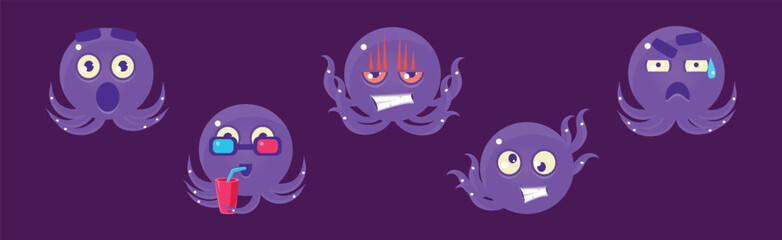 Canvas Print - Cute Purple Octopus Character Showing Various Emotion Vector Set