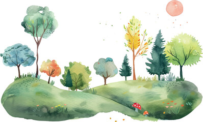 watercolor landscape with trees, isolated on white