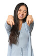 © Asier - Young chinese woman isolated cheerful smiles pointing to front.