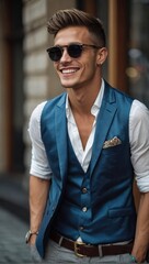 Young gay man in stylish clothes smiling happily