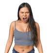 © Asier - Young Chinese woman in gray top, studio shouting very angry, rage concept, frustrated.