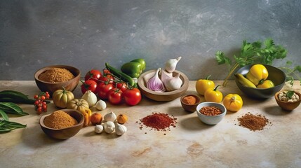 Wall Mural - Spices. Photo of fresh herbs. Assortment of fresh and dried seasonings and herbs on a marble background.