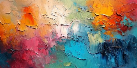 Wall Mural - Closeup of abstract rough colorful multicolored art painting texture, with oil brushstroke, pallet knife paint on canvas. Generative AI