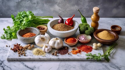 Wall Mural - Spices. Photo of fresh herbs. Assortment of fresh and dried seasonings and herbs on a marble background.