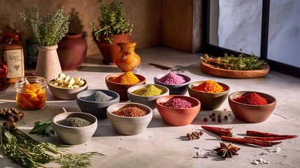 Wall Mural - Spices. Photo of fresh herbs. Assortment of fresh and dried seasonings and herbs on a marble background.