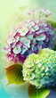 Beautiful hydrangea bouquet isolated, multicolor blur bokeh background. Spring floral vertical composition. Generated AI