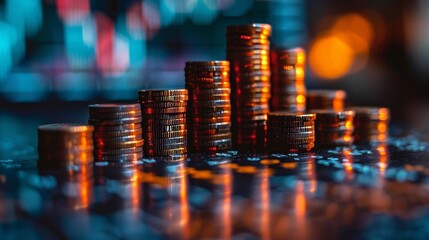 Fototapete - Money stack with trading graph. Cryptocurrency digital economy concept. Financial investment background.