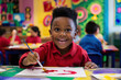 Happy African Blank Kid Using Pencil A Creative Child Creative Art Painting with Education Environment.
