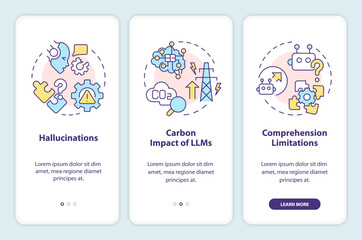 Wall Mural - LLM limitations onboarding mobile app screen. Artificial intelligence. Walkthrough 3 steps editable graphic instructions with linear concepts. UI, UX, GUI template. Myriad Pro-Bold, Regular fonts used