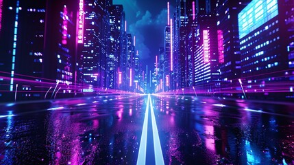 Wall Mural - A hyper-realistic 3D depiction of a modern metropolis with a cyberpunk aesthetic, featuring deserted streets lit by neon lights and a gritty urban backdrop.