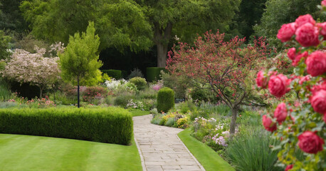  Idyllic scene with vibrant flowers and winding pathway, perfect for peaceful garden retreat.