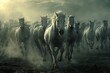 White Horses Herd in Wild, Running Stallion by Seaside, Beautiful Grey Horse, Sun Rays, Copy Space