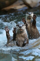 Wall Mural - Professional Photography of a Family of Playful Otters Frolicking in Their Watery Habitat, Generative AI