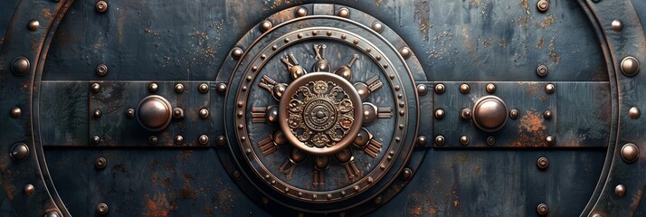 Retro Steampunk Safe, Vintage Banking, Ornate Steel Safe Drawing Imitation, Abstract Generative AI Illustration
