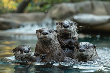 Wall Mural - Professional Photography of a Family of Playful Otters Frolicking in Their Watery Habitat, Generative AI