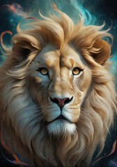 Fantasy Illustration of a wild animal lion. Digital art style wallpaper background.