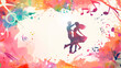 A stylishly painted scene capturing a couple swirling gracefully on a dance floor, enveloped by floating musical notes. Couples elegant movements are highlighted against a backdrop. Banner. Copy space