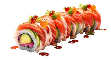 Wall Mural - A colorful sushi roll featuring cucumber, tomato, avocado, and sauce