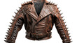 A brown leather jacket adorned with edgy spikes, adding a touch of rebellious style to any outfit