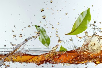 Poster - Green tea leaves falling into water with splashes on white background