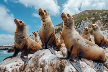 Wall Mural - Professional Photography of a Group of Playful Sea Lions Basking in the Sun on a Rocky Outcrop, Generative AI