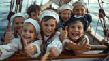 Fototapeta Kuchnia - Group of children doing their dream job as Sailors on the ship board. Concept of Creativity, Happiness, Dream come true and Teamwork.