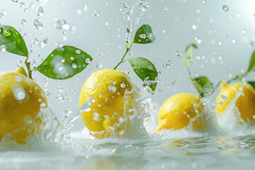 Poster - Fresh lemons falling into water with splash and drops on white background