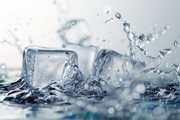 Wall Mural - Ice cubes falling into water with splash and drops of water on white background