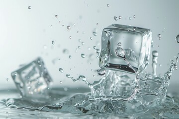 Poster - Ice cubes falling into water with splash and drops of water on white background