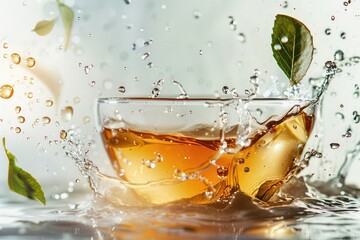 Wall Mural - Green tea in a glass cup with splashes on a white background