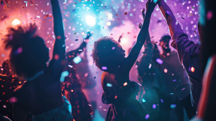 Poster - Dynamic scene of people dancing and celebrating at a party or club with confetti in the air and colorful lights in the background.