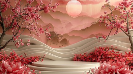 Wall Mural - Animated 3D illustration of a round stage podium with chinese new year, Chinese festivals, mid-autumn festival, red and gold decorations, flowers, and Asian elements.