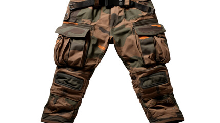 A stylish pair of camouflage pants set against a crisp white background