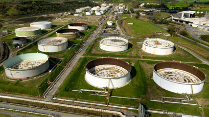 Wall Mural - Aerial view of abandoned tanks of a sewage and water treatment plant.