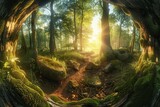 Fototapeta Natura - Whispering woods, ancient forest alive with mystical energy, dappled sunlight filtering through the canopy, ethereal aura, moss-covered stones, glowing flora, golden hour, lens flare
