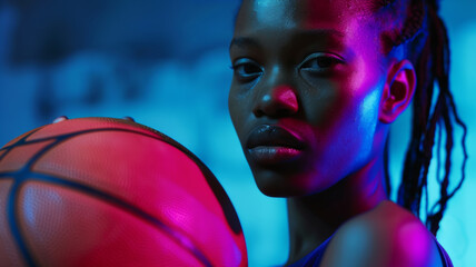 Wall Mural - Athlete's face illuminated by dramatic lighting, holding a basketball.